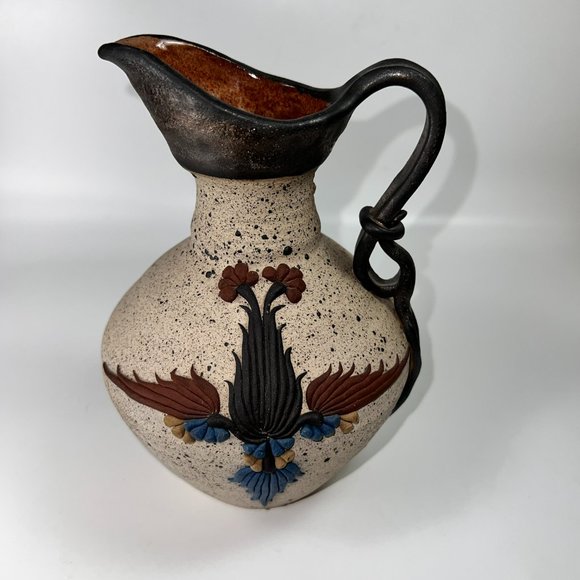 Studio Stoneware Art Pottery Pitcher Applied Design Collectible Marked Israel - Picture 2 of 12